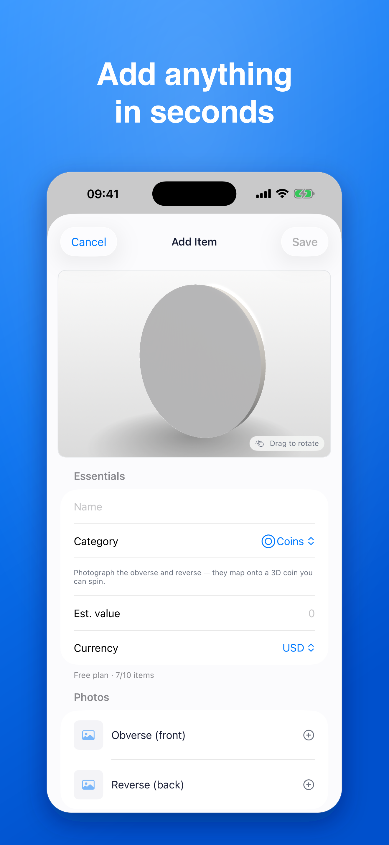 CollectMe add-item screen